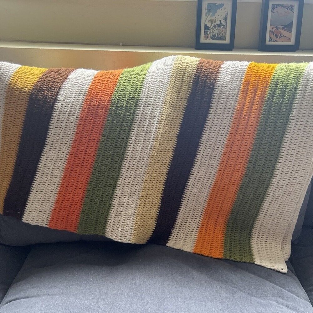 Vintage Retro Crochet Striped Afghan‎ Blanket White Orange Green Yellow Brown